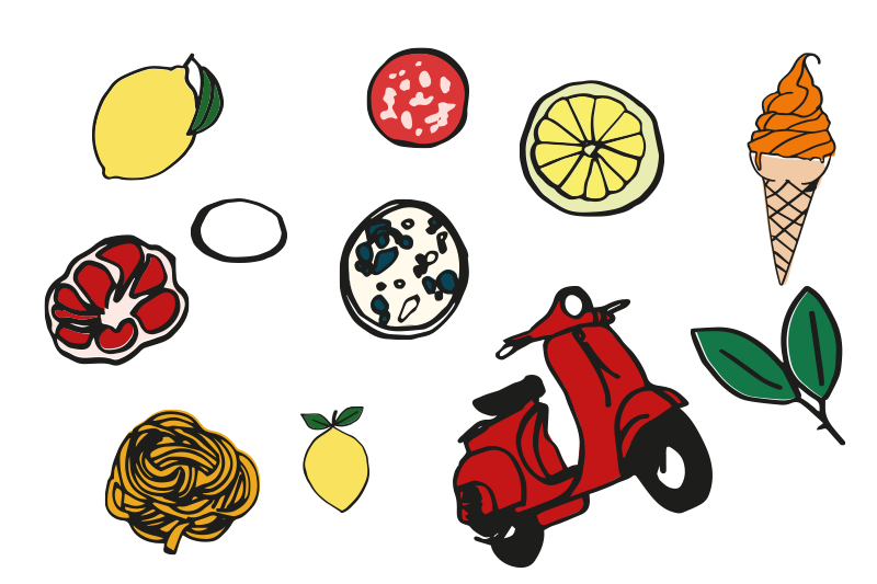 Série d'éléments graphiques aux couleurs de l'Italie (rouge, vert et jaune), évoquant des produits typiques: un solex, une glace à l'italienne, le basilic, le citron, la tomate, les spaghetti, le prosciutto.