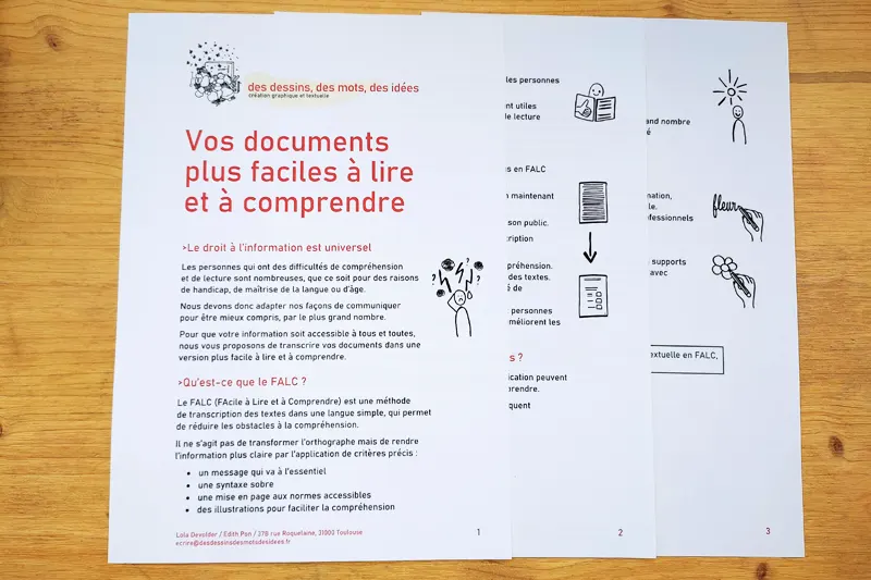 Document de l'agence Des dessins, des mots, des idées qui présente la démarche FALC, facile à lire et à comprendre, en texte et pictogrammes.