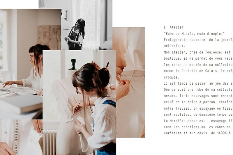 Capture d'écran du site de Sylvie Mispouillé. Photographie de Sylvie entrain de travailler, d'ajuster le tissu sur un mannequin. Texte présentant son travail.