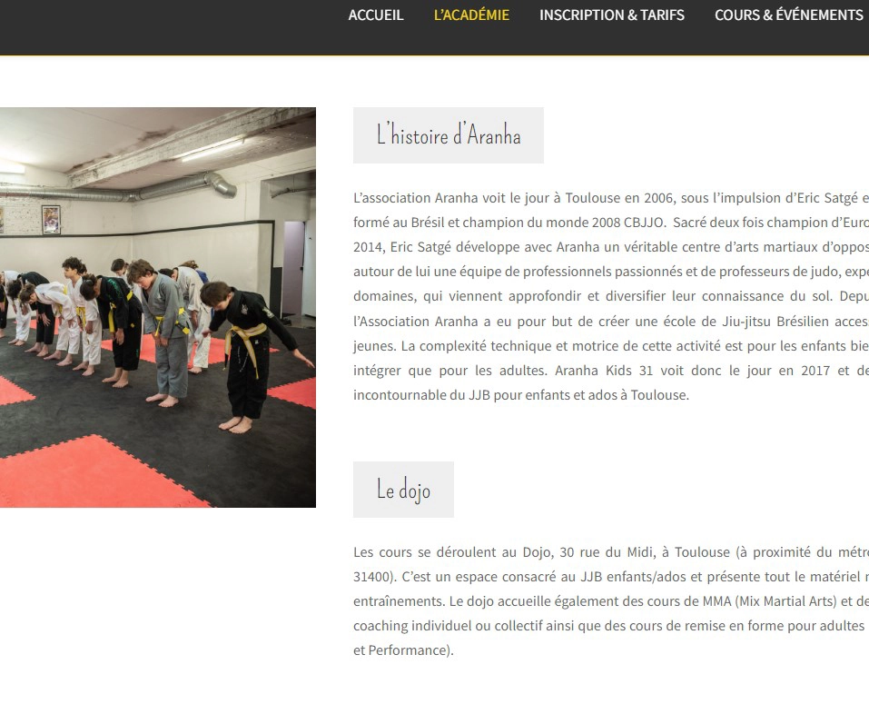 capture d'écrann du site de Jujitsu brésilien: des enfants en cours sur le tatami
