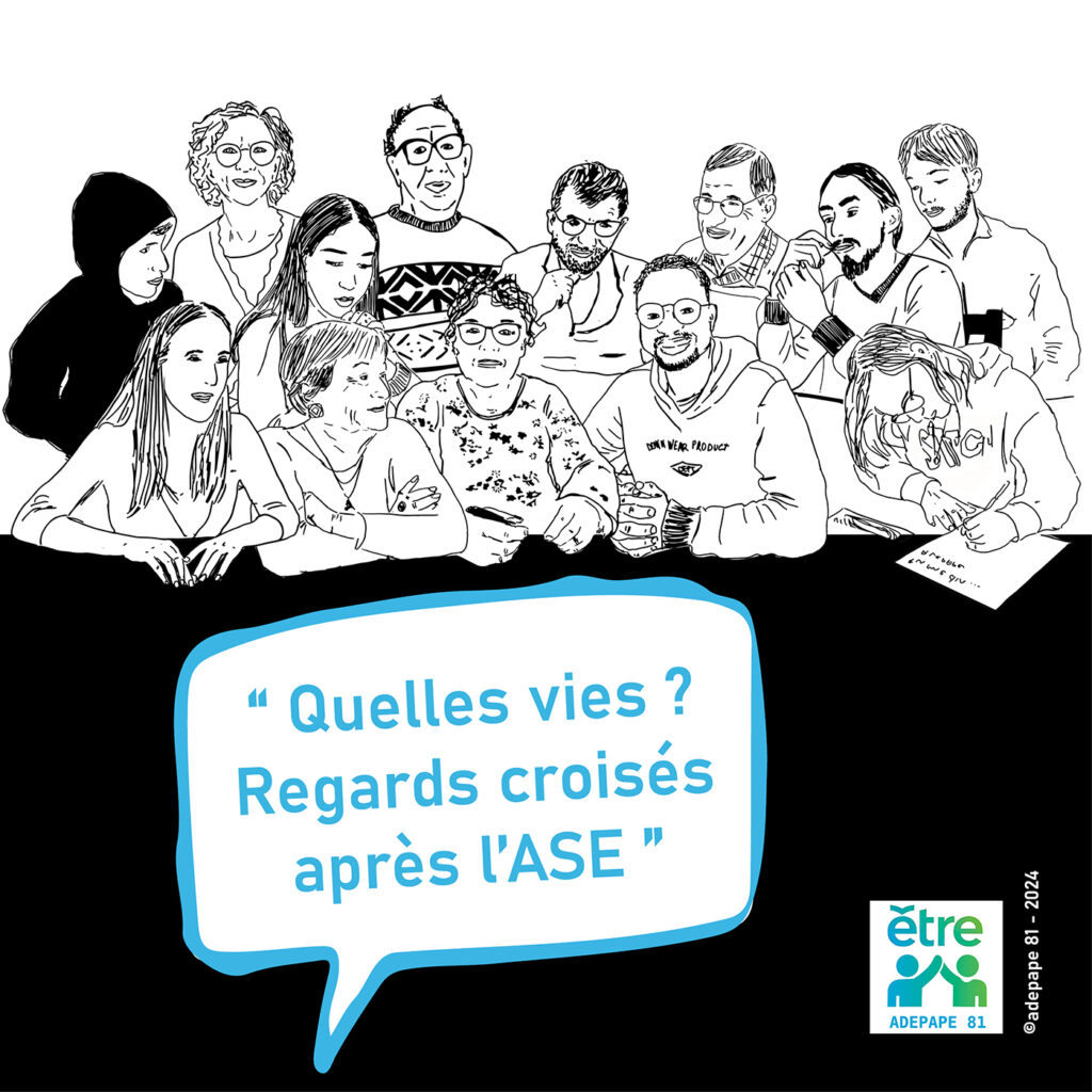 Illustration au trait des 14 personnes interviewées. Bulle avec le titre du podcast: quelle vie?! regards croisés après l'ASE