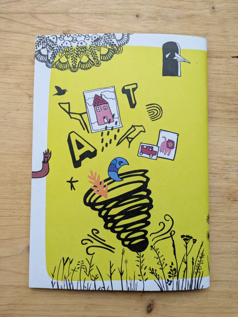 4e de couverture du livret famille: un tourbillon, des dessins et des lettres en sortent.