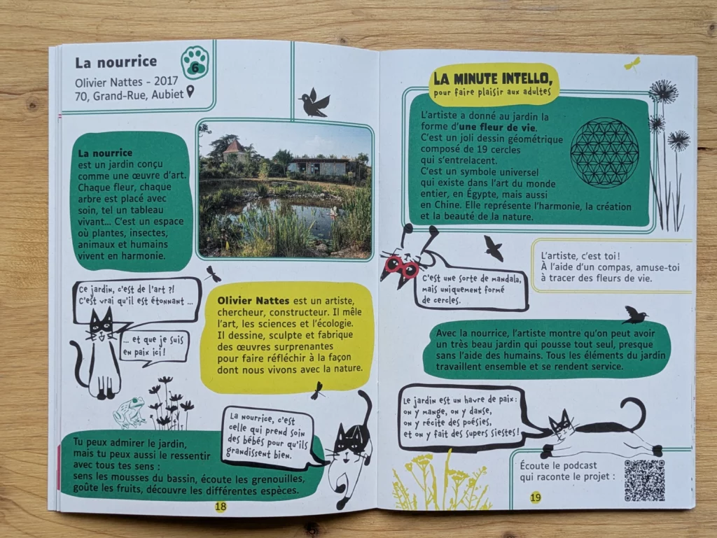 page intérieure du livret. découverte d'une œuvre Art et environnement. des cadres de couleurs différentes et un chat pour illustrer.